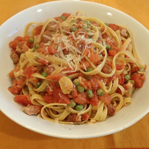 Fettucine with Pancetta, Tomatoes & Peas