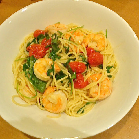 Garlic Roasted Shrimp, Cherry Tomatoes & Arugula over Linguine